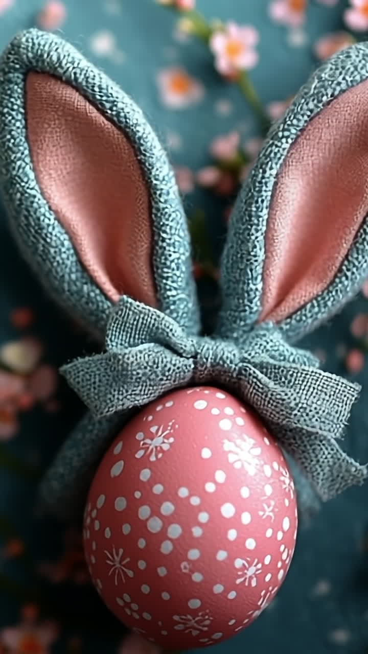 Easter egg with bunny and flowers. A pink Easter egg with bunny ears rests among flowers on a soft blue background, celebrating spring.