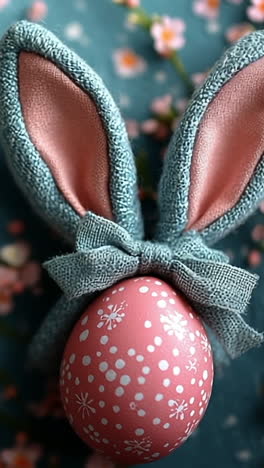easter egg with bunny and flowers. a pink easter egg with bunny ears rests among flowers on a soft blue background, celebrating spring.