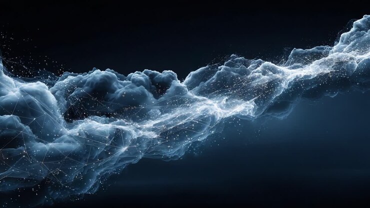 Un incredibile viaggio visivo attraverso nuvole eteree e particelle stellari, che cattura l'essenza dell'estetica digitale e della meraviglia cosmica