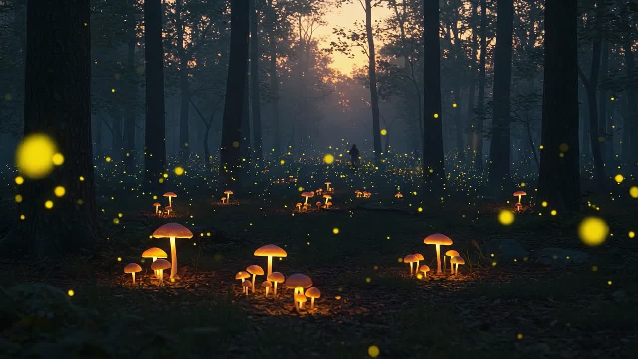 Enchanting Forest: A Mystical Scene of Illuminated Mushrooms and Fireflies at Dusk, Capturing Nature's Ethereal Beauty and Tranquility