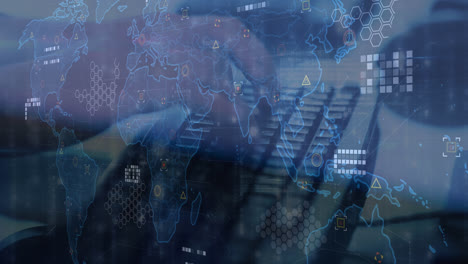 Animación-Del-Mapa-Mundial-Con-Procesamiento-De-Datos-Sobre-Las-Manos-Escribiendo-En-El-Teclado