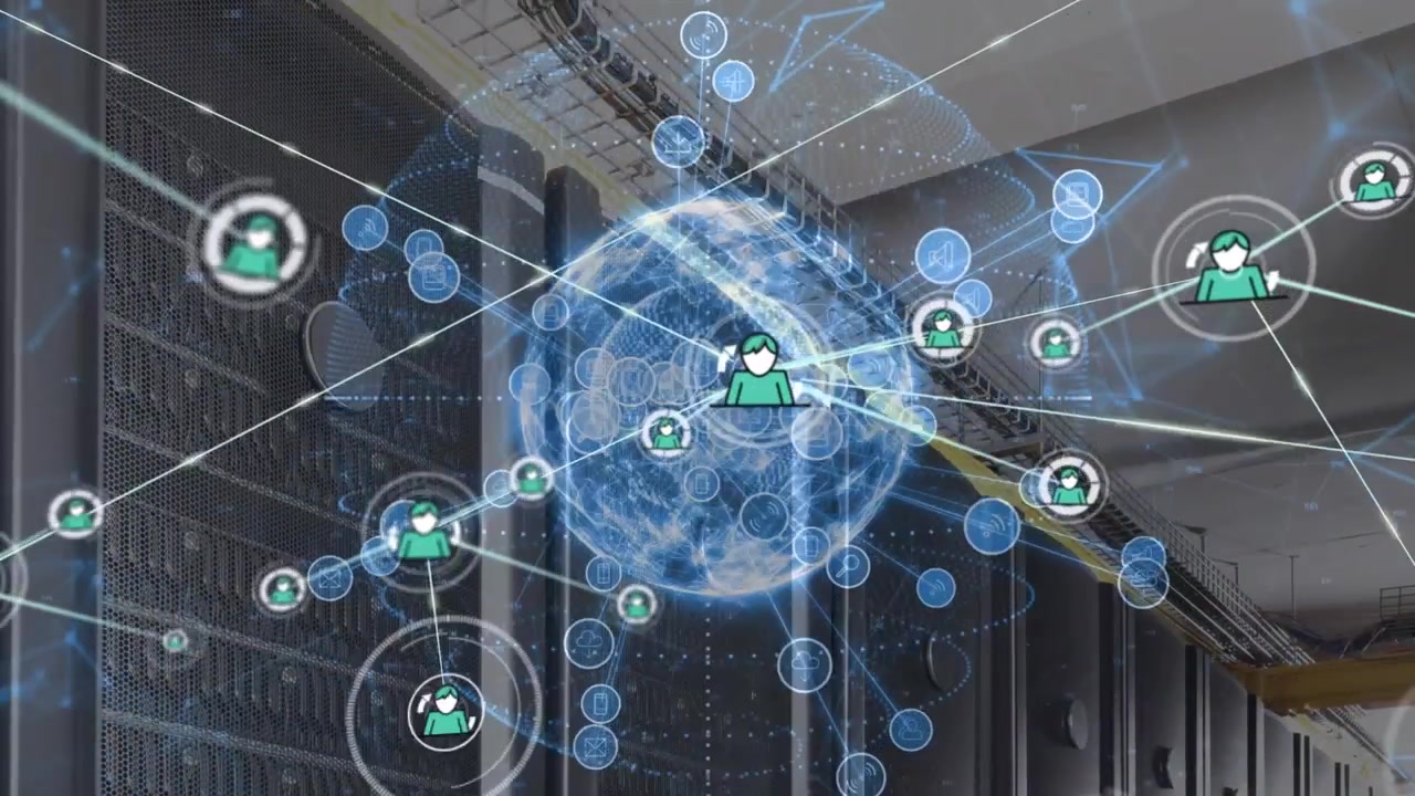 Animation of connected icons and icons around globe, shapes against server room