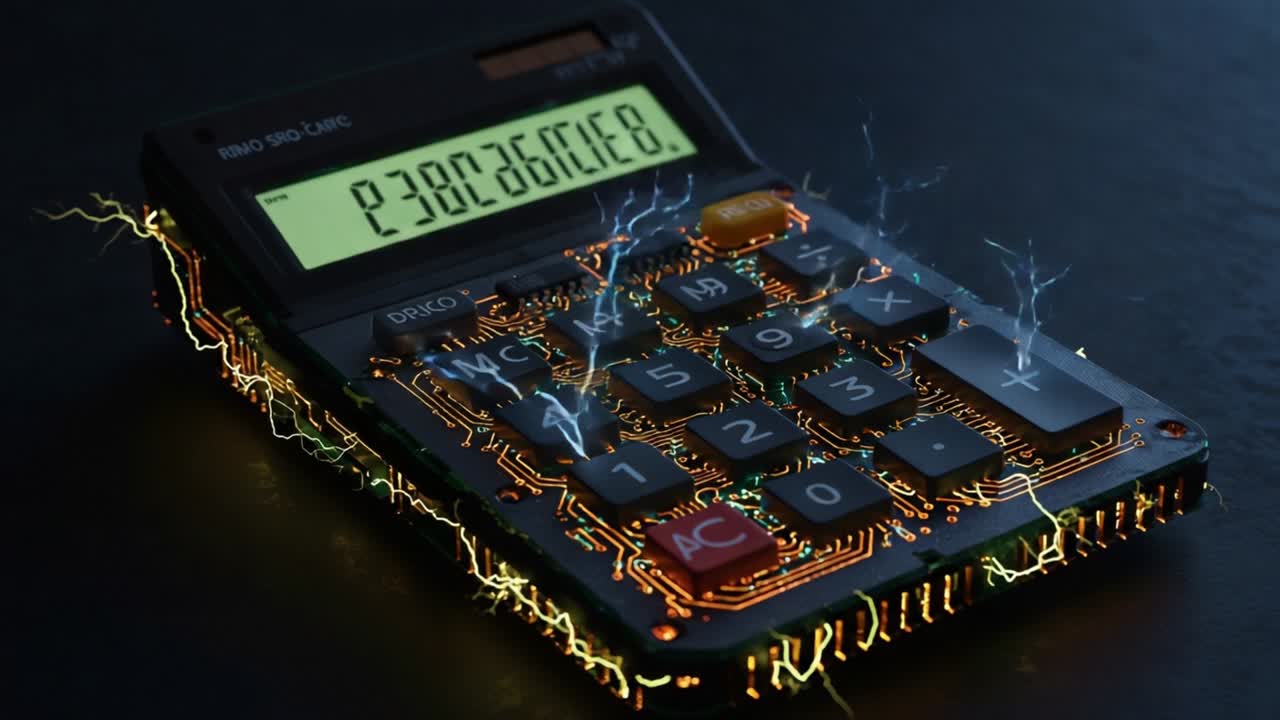 Dynamic Calculator Displaying Static Electricity Effects, Showcasing Vibrant Circuitry with Electric Sparks and Bright Illuminations in a Dark Setting