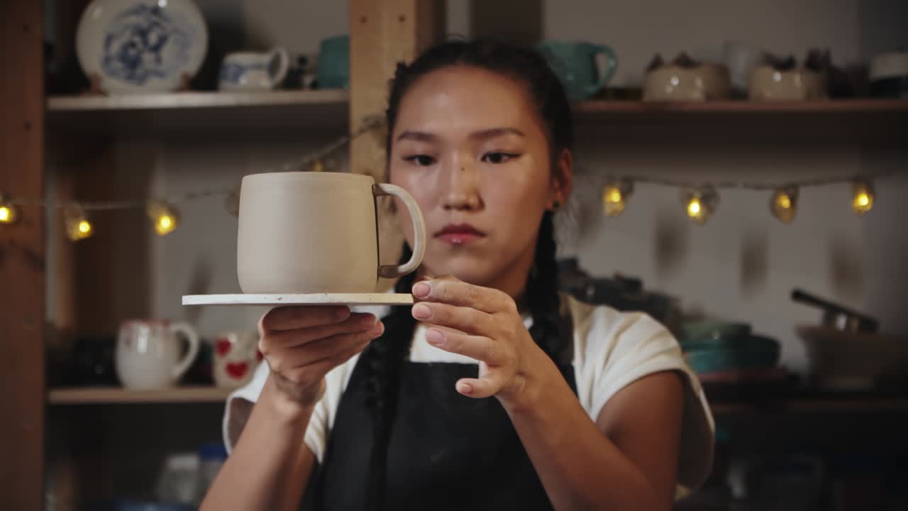 젊은 여성은 컵에 점토 손잡이를 시도하고 그것을보고