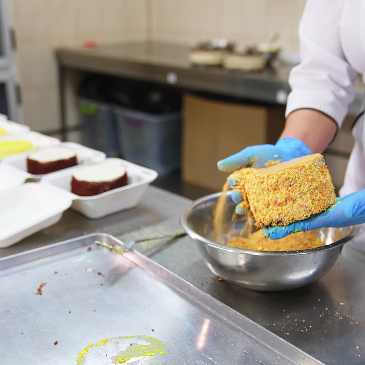 Confectioner making sweet cake. Bakery decorating tasty cooking