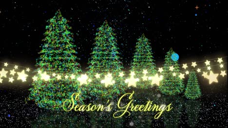 Animation-of-christmas-greetings-text-over-christmas-trees-and-fairy-lights