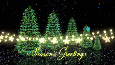 animation of christmas greetings text over christmas trees and fairy lights