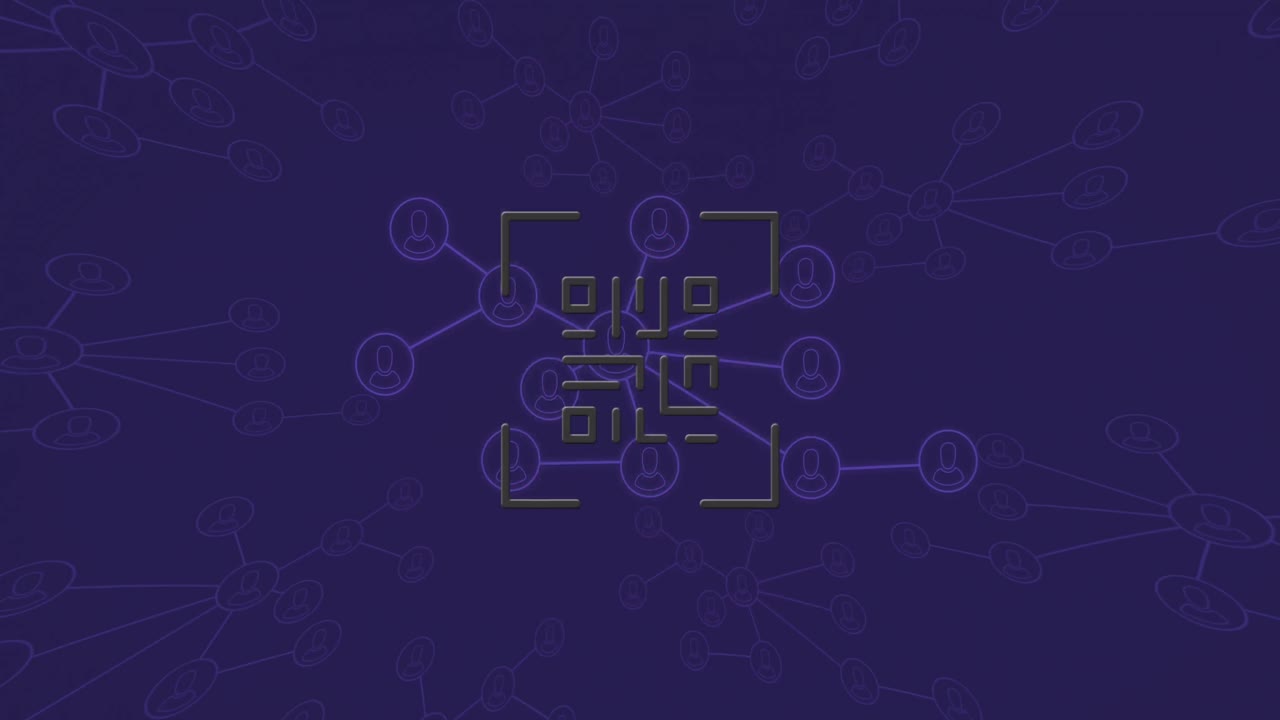 animación de código qr de neón y conexiones en fondo violeta