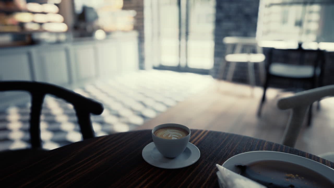 taza de café en una mesa de madera en un café moderno