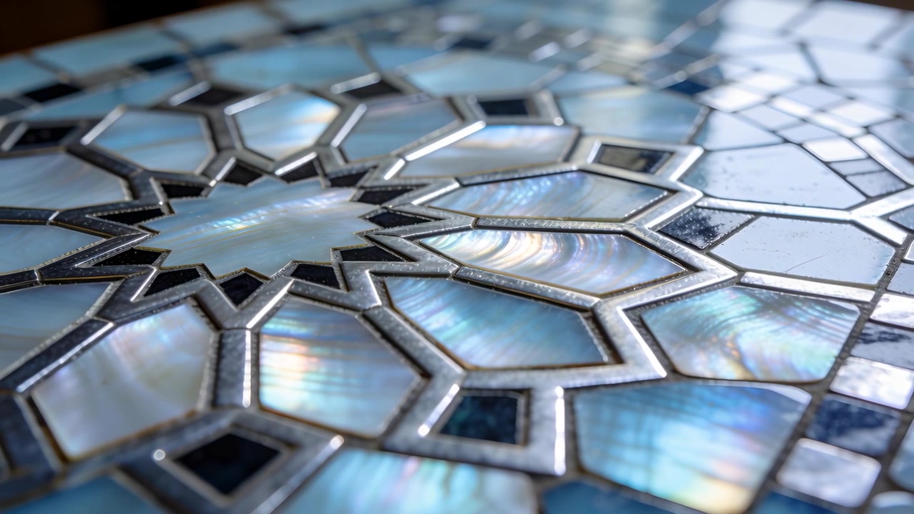 Shifting camera showing round star motif mosaic table by window, drifting over shell, metal seams