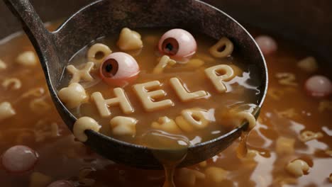 a playful scene of a soup with floating alphabet pasta and cartoon eyes, featuring the word 'help' in the center of a whimsical broth