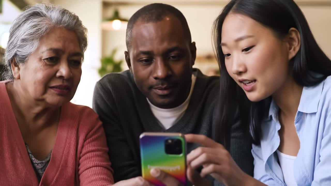 A Moment of Connection: Three Individuals Engaged with a Smartphone, Sharing Laughter and Discovery in a Cozy Setting
