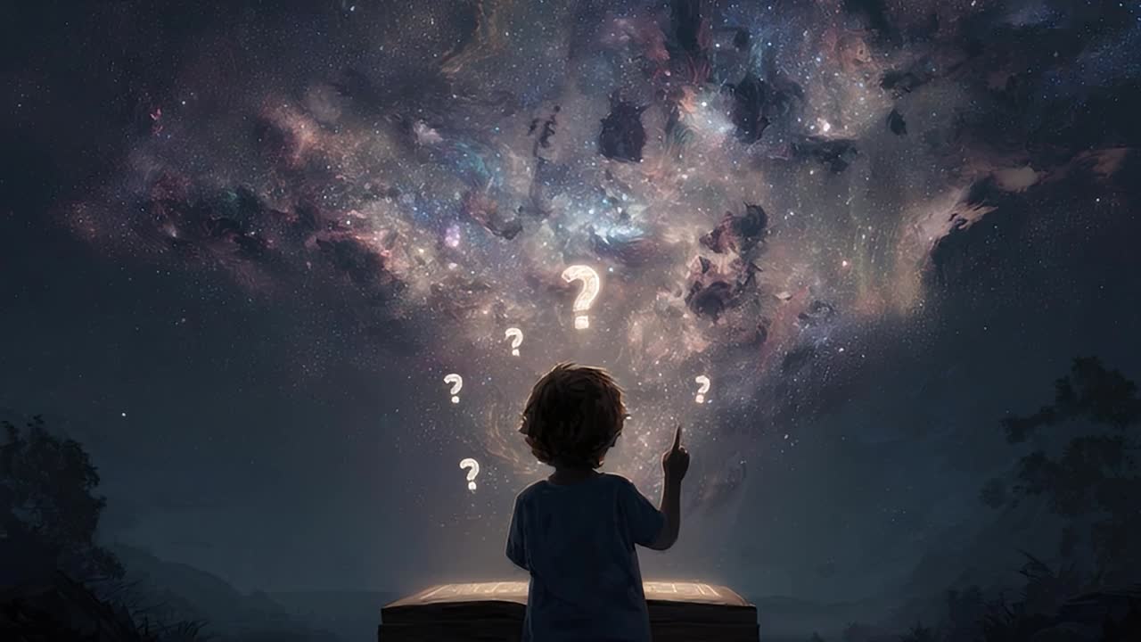 Child contemplates the mysteries of the universe under a starry sky