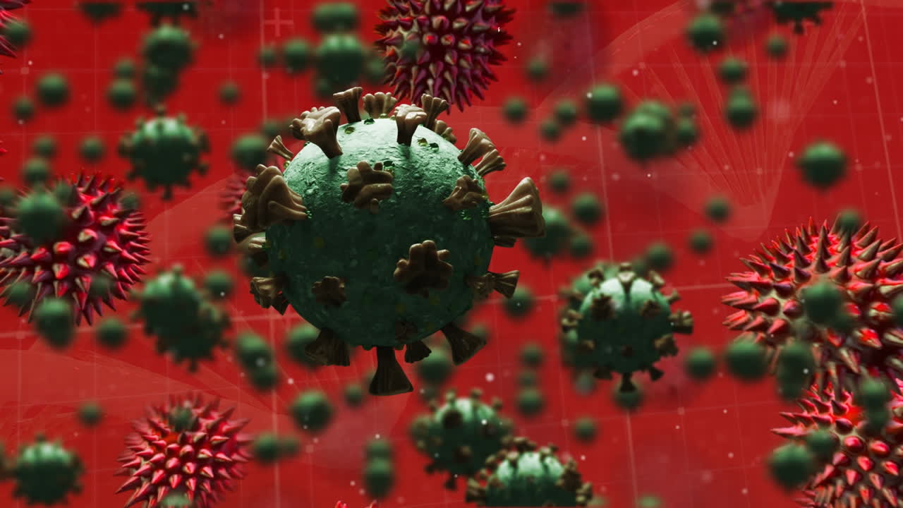 Animation of virus cells over dna strand on red background