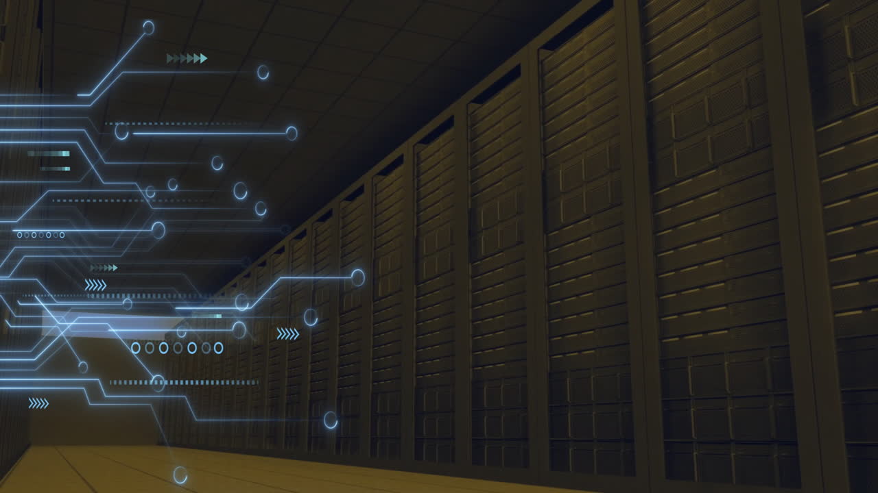 Digital circuit lines animation over rows of servers in data center