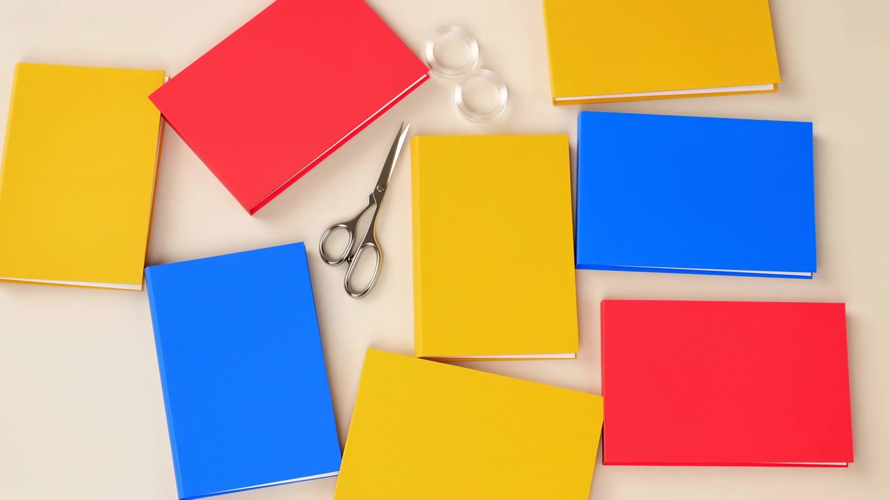 Colorful Notebooks And Scissors Flatlay Arranged On Neutral Desk Surface, Red Blue Yellow Covers, Clear Tape