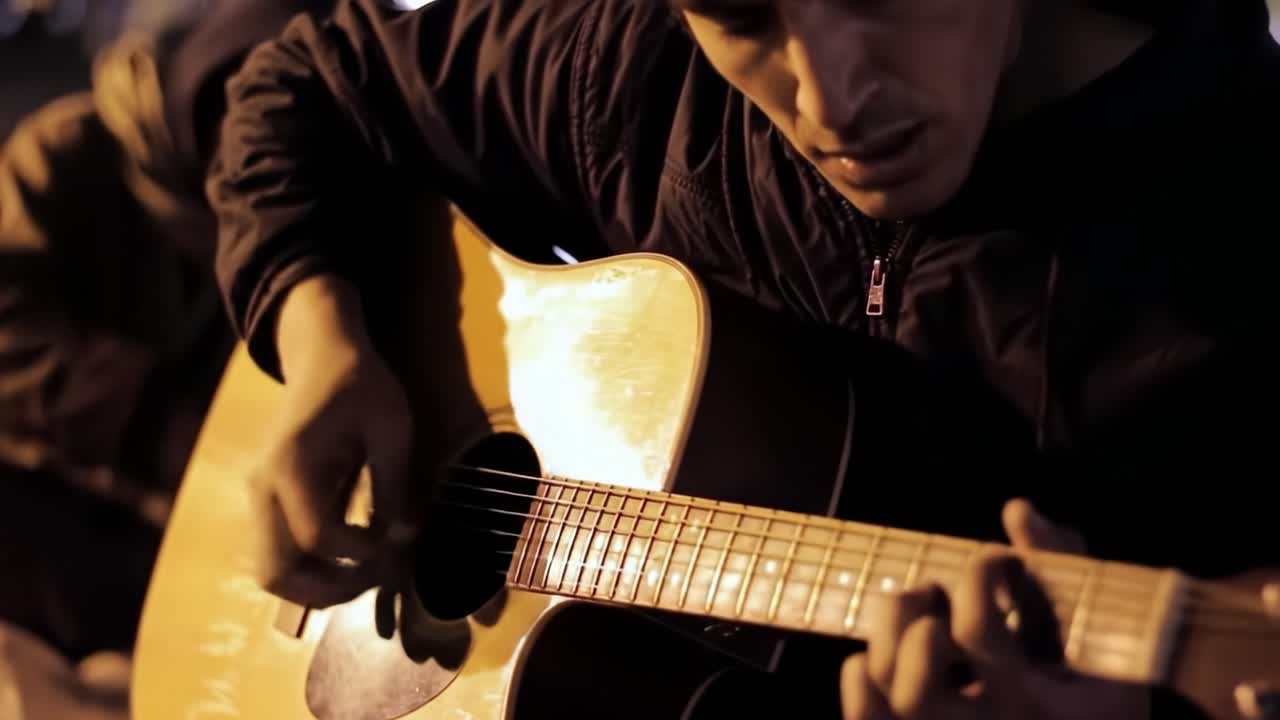 A Passionate Guitarist Plays Under Night Lights, Capturing the Essence of Music and Emotion in a Serene Outdoor Setting, Surrounded by a Mysterious Atmosphere.