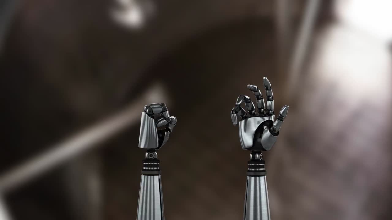 mani di robot e sfocato sfondo industriale