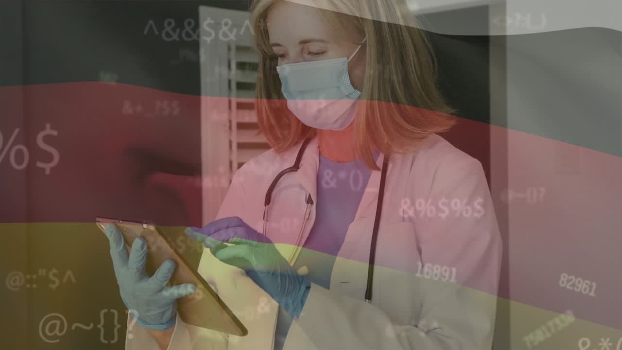 Animação de números e da bandeira alemã sobre uma médica caucasiana usando um tablet e máscara facial