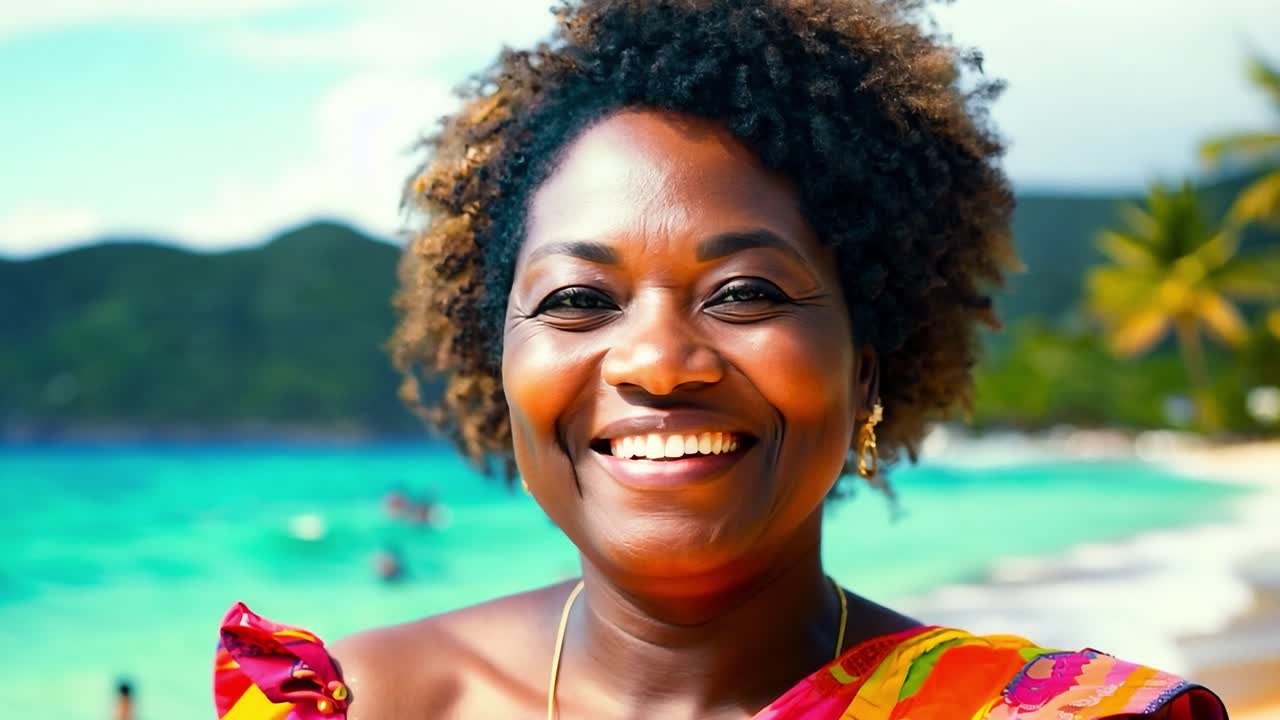 Wanita bahagia di pantai tropis