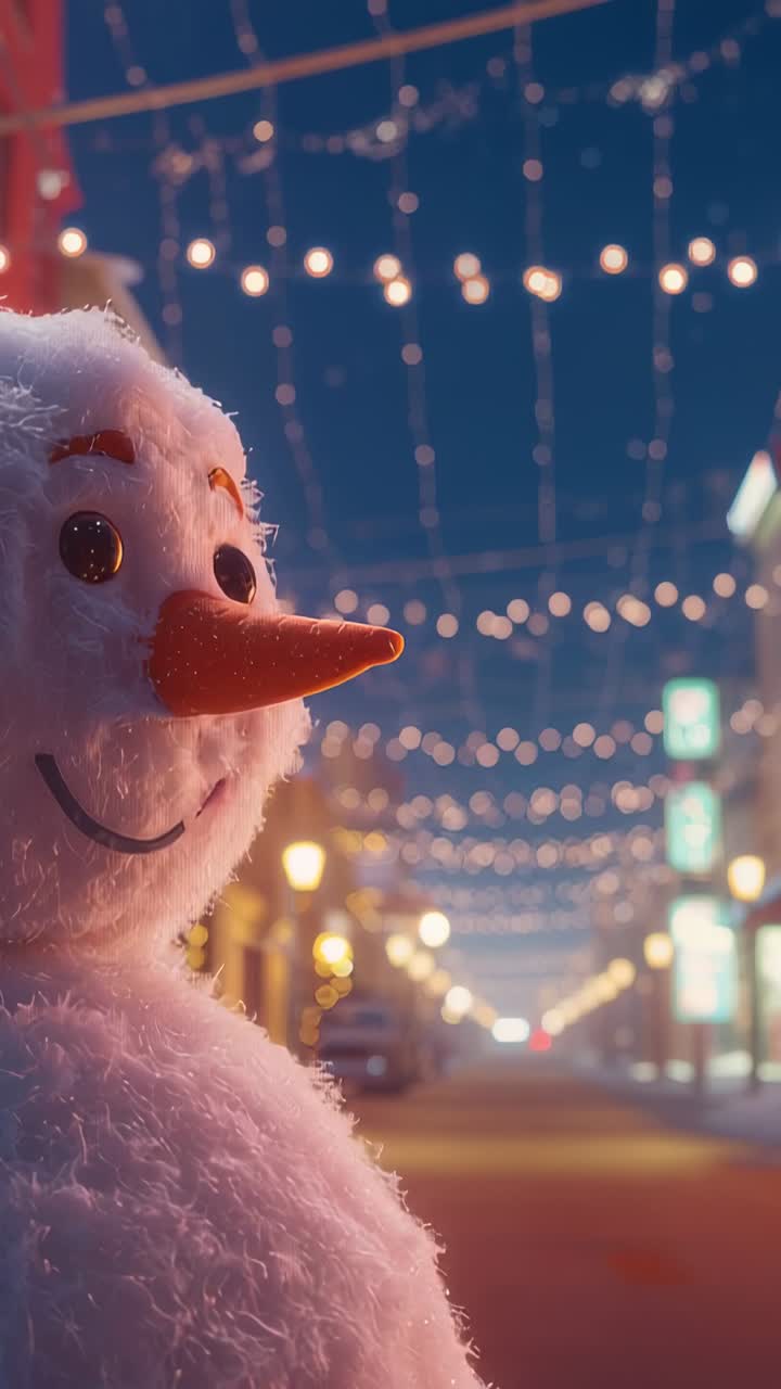 Vertical video: Dusk light catching snowman reflecting string lights on sidewalk, copy space