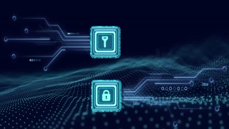 animazione dell'elaborazione dei dati con chiave di sicurezza online sulla scheda di circuito del computer