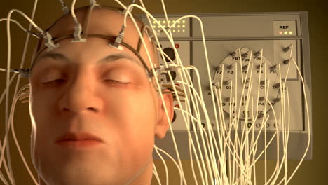 Man-wired-to-an-EEG-machine-or-electroencephalograph-which-produces-a-graphical-record-of-electrical-activity-of-the-human-brain.-Perfect-animation-for-any-science-or-medically-related-purposes.-HD