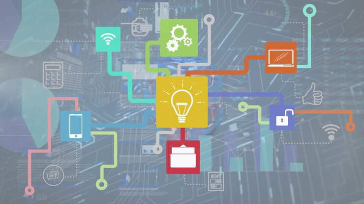 Animation of data processing over media icons and brain