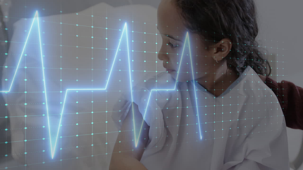 animación de monitor de ritmo cardíaco contra una niña biracial recibiendo una inyección en el hospital