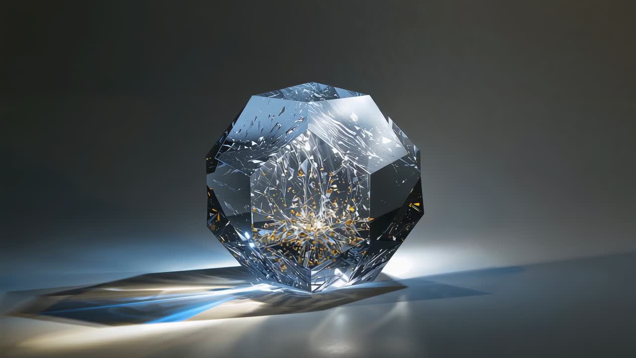 Spostamento della luce fuori dall'inquadratura che colpisce il cristallo sfaccettato proiettando caustiche blu-oro sul piano del tavolo per l'esposizione
