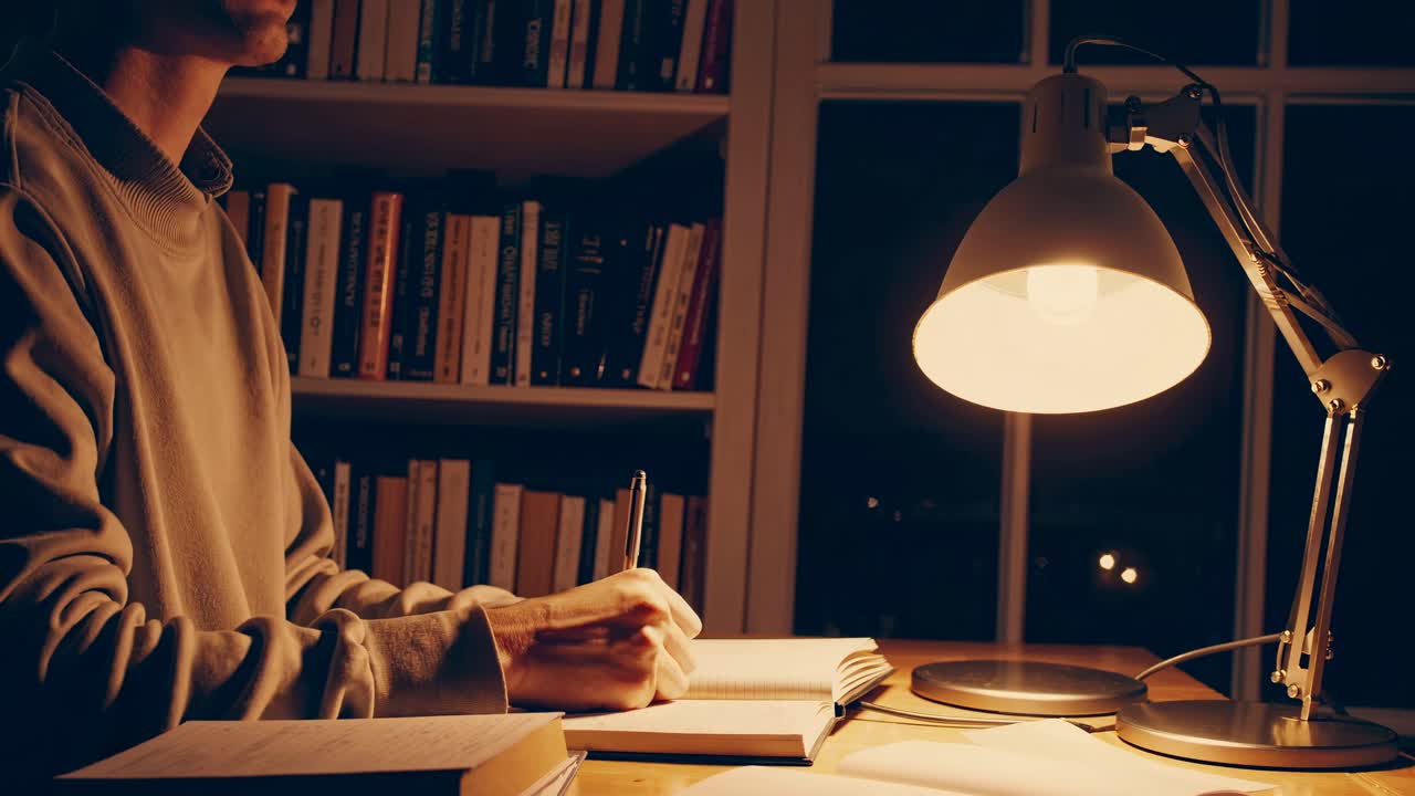 Warm, cozy study setting with a person writing under a desk lamp