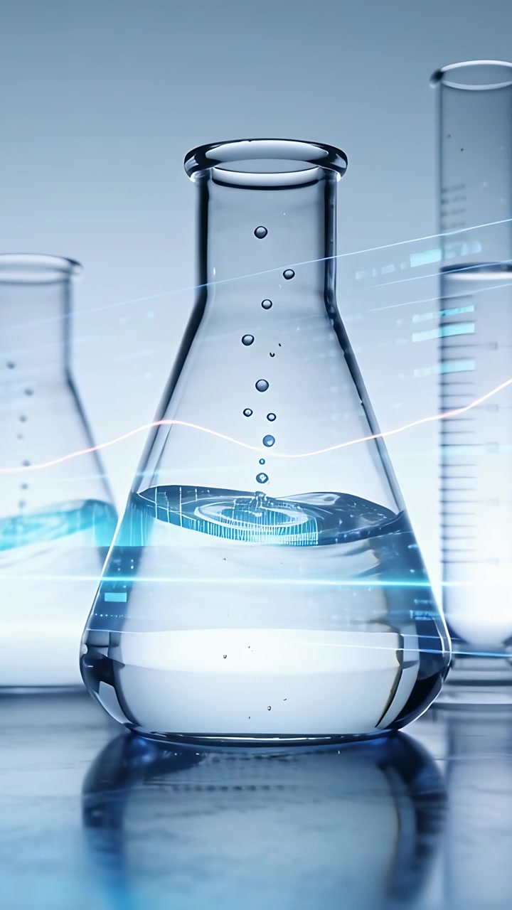 Video verticale: Catena di goccioline che cadono e entrano in un matraccio di Erlenmeyer centrale su un banco da laboratorio per analisi.