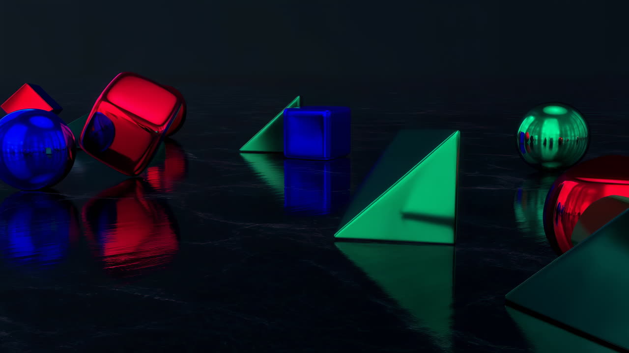 Abstract Metallic Geometric Shapes Moving and Morphing on Dark Surface