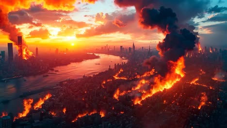 a view of a city on fire with a sunset in the background