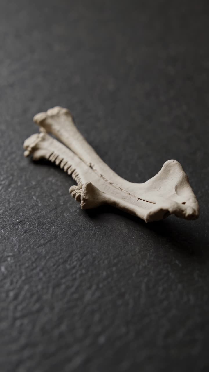 Close-up, angled shot of a bone on a dark surface, creating a mysterious, cinematic feel