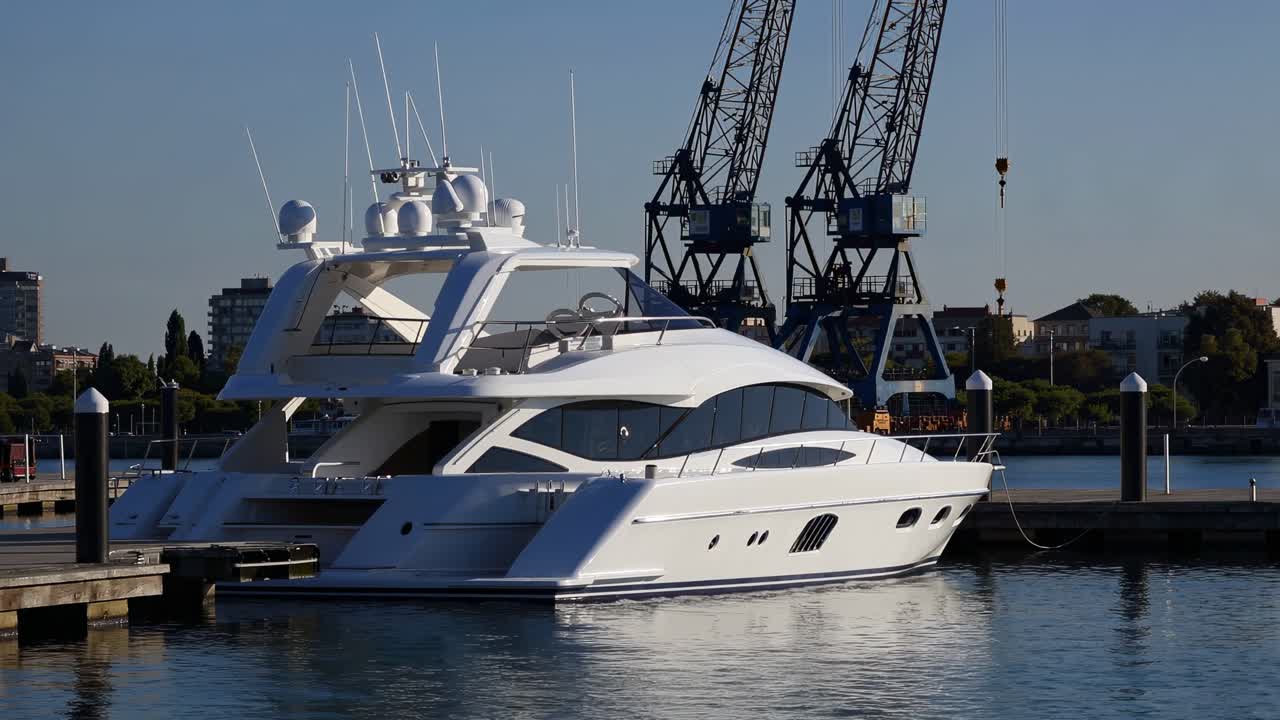 White Yacht Moored at Dock with Cranes