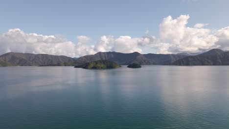 Cinematic-aerial-orbit-of-Allports-Island-at-Queen-Charlotte-Sound,-New-Zealand