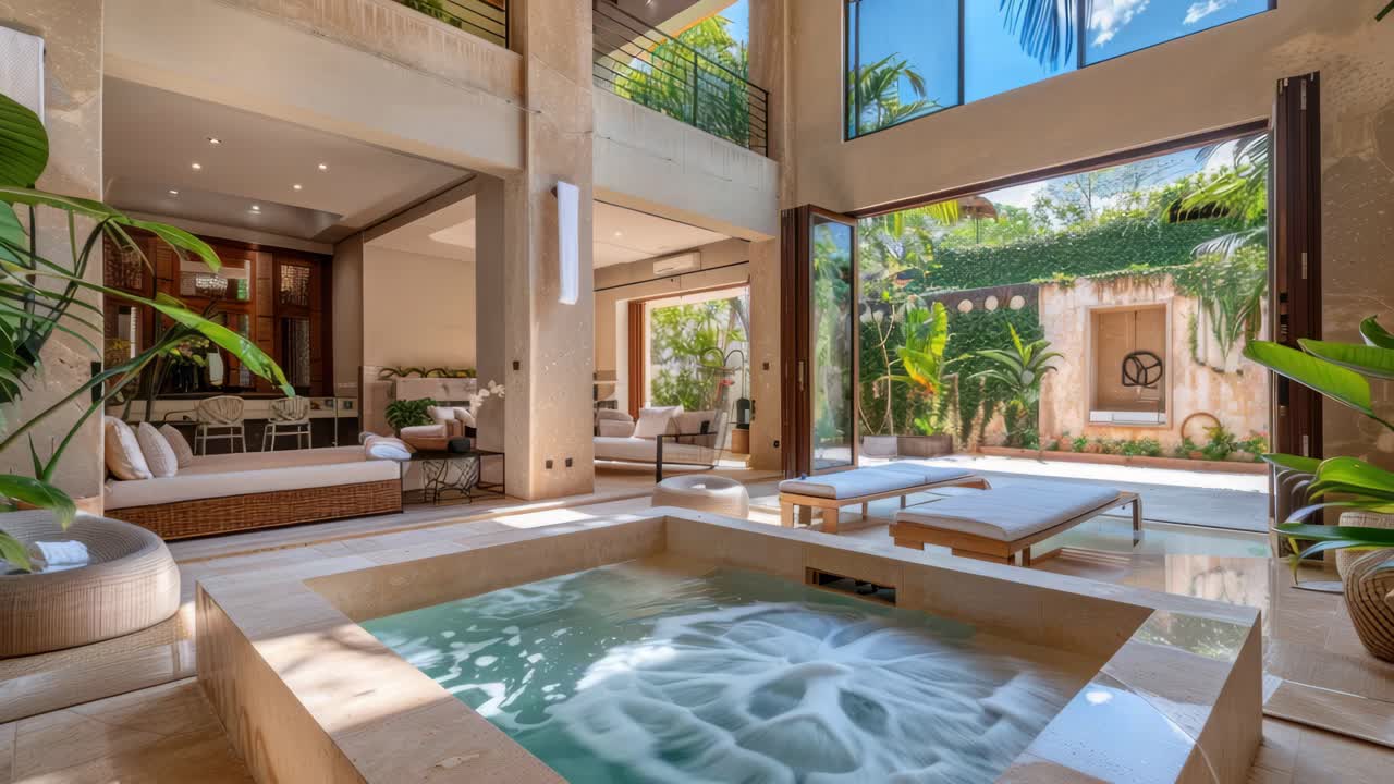 Interior luxuoso de vila com design de conceito aberto, apresentando uma piscina. Filmado de uma perspectiva baixa.