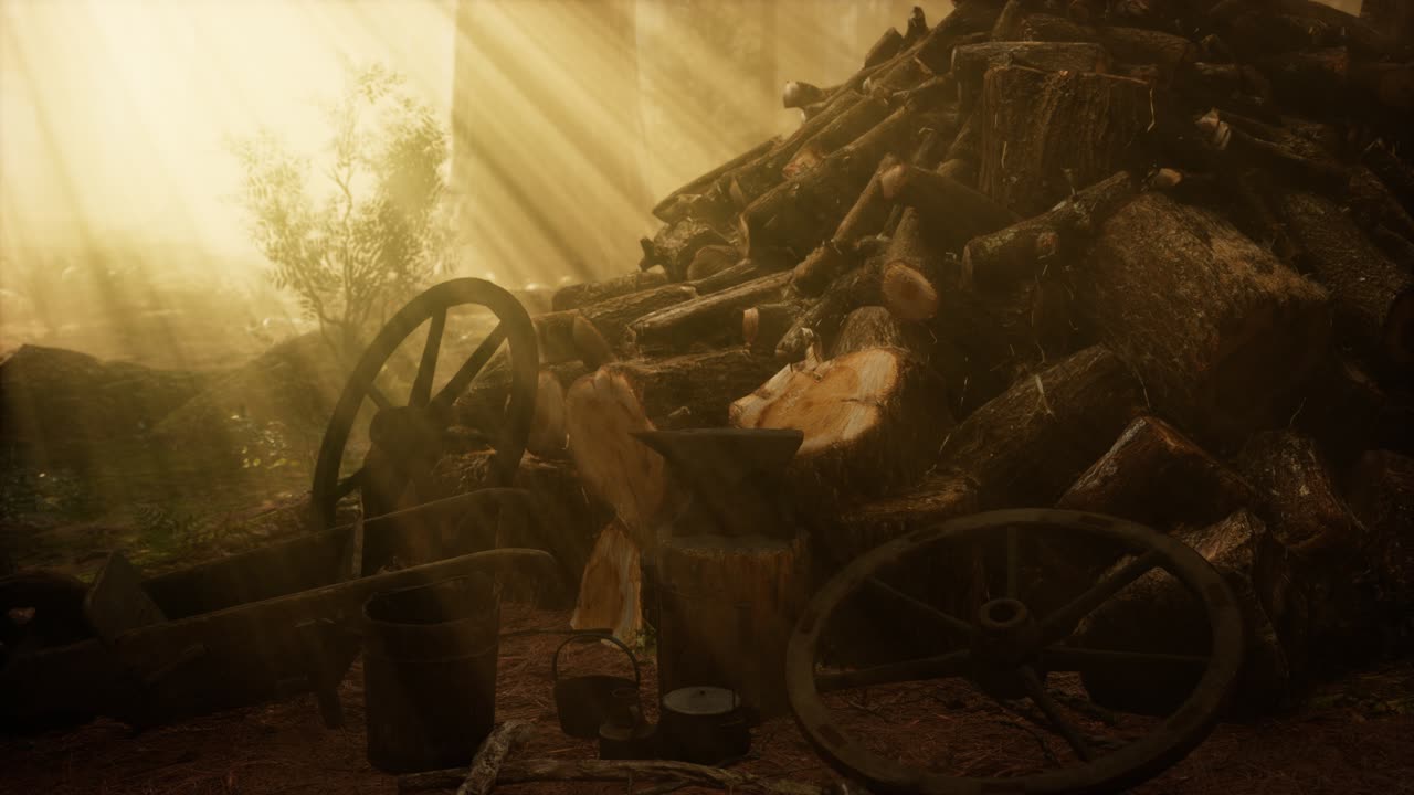 夕暮れの森で冬のために薪を準備する