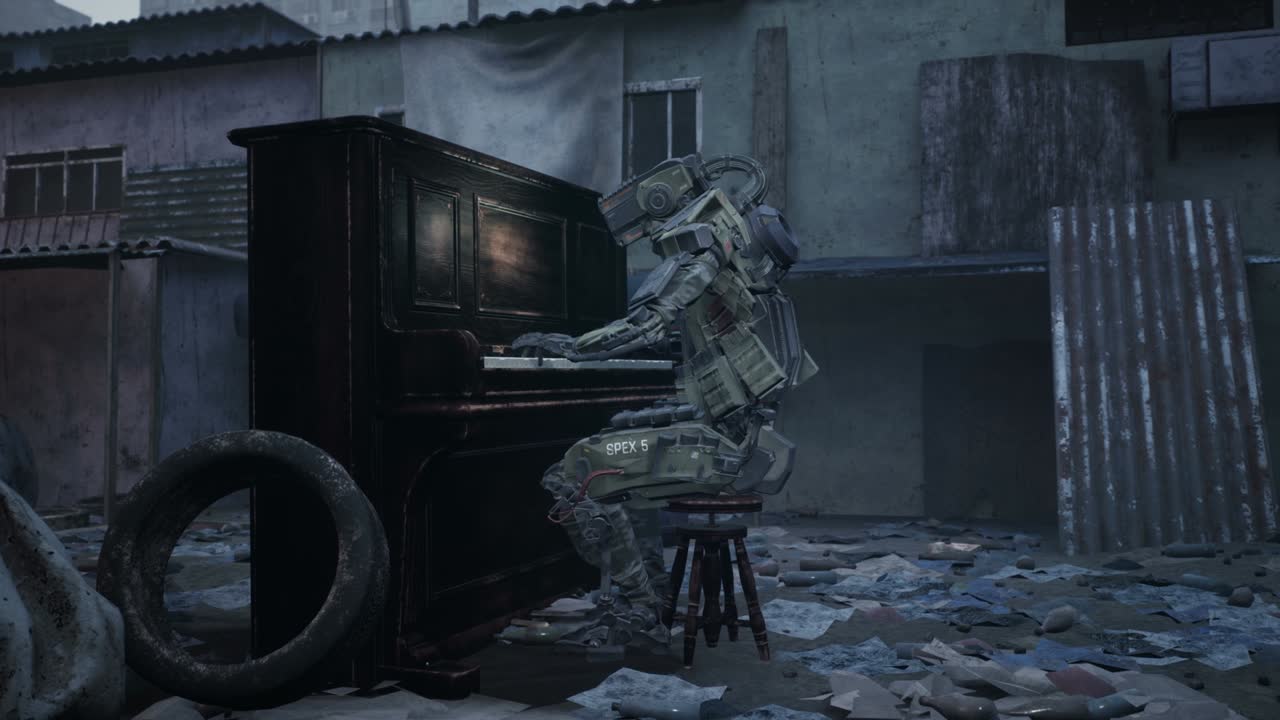A lone robot plays the piano in an abandoned part of the old town. Slums and abandoned shacks in a fogged city. High-rise old buildings. The animation is perfect for apocalyptic and sci-fi backgrounds