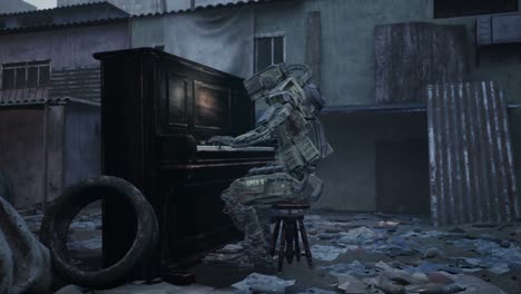 a lone robot plays the piano in an abandoned part of the old town. slums and abandoned shacks in a fogged city. high-rise old buildings. the animation is perfect for apocalyptic and sci-fi backgrounds