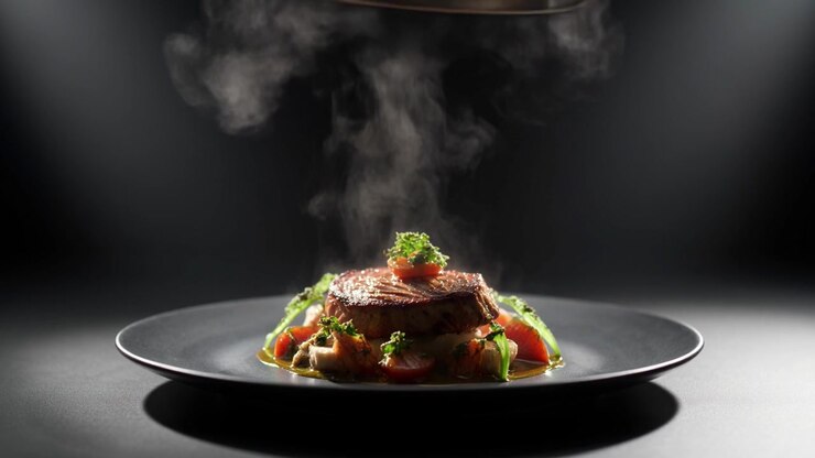 Serveur soulevant une cloche argentée pour révéler un steak gastronomique fumant.