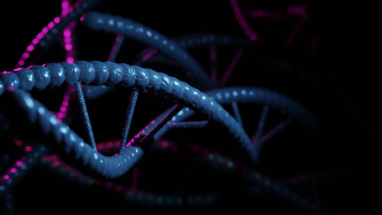 animación en bucle renderizada en 3d de una molécula de adn giratoria en fondo negro. biología, biotecnología, química, ciencia, medicina, cosméticos, fondo de movimiento, animación médica.4k bucle sin costuras.
