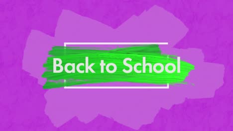Animation-Des-Textes-„Zurück-Zur-Schule“,-Geschrieben-Auf-Grünem-Farbspritzer-Auf-Violettem-Hintergrund