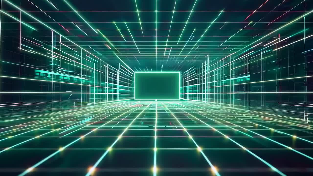 Futuristic digital grid with neon lines, viewed from a low-angle perspective, resembling a sci-fi