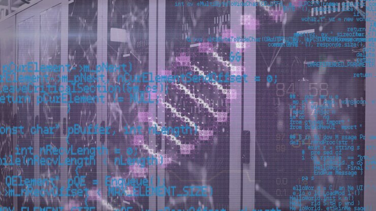 Animation of spinning dna structure and data processing against computer server room