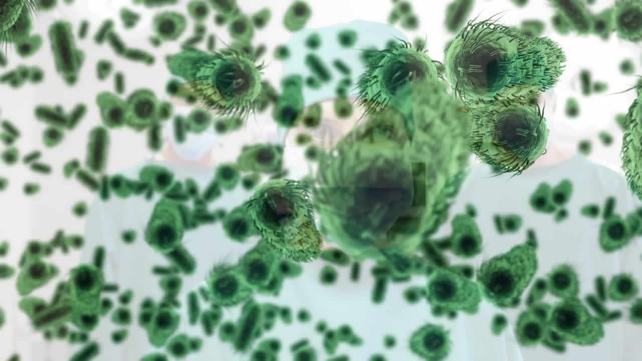 animación de células de covid-19 flotando sobre los cirujanos con máscara facial