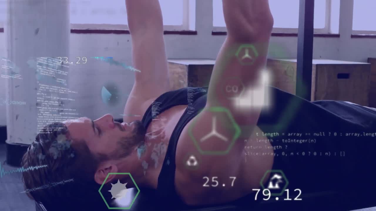 animación de la cadena de adn y procesamiento de datos sobre el ejercicio del hombre fuerte.