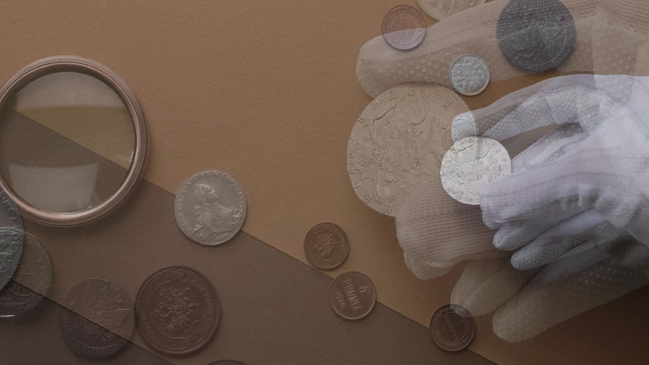 numismática. antiguas monedas de colección hechas de plata en una mesa de madera.