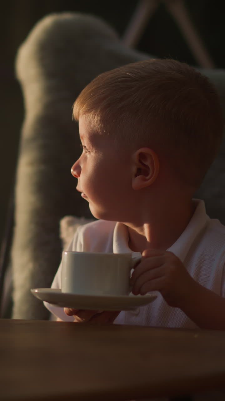 어린 아이는 아침에 뜨거운 초콜릿을 마시고, 편안한 소년은 창밖을 바라보며 사려 깊은 느린 동작을 하고, 귀여운 아이는 방에서 부드러운 의자에서 달한 음료를 즐긴다.